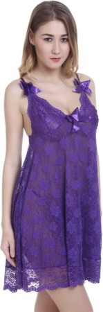 Purple Color Self Design Embroidered Babydoll Dress