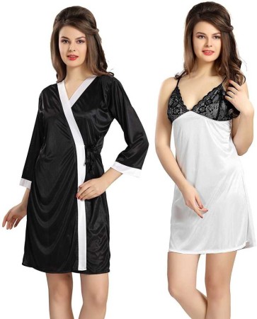 Women Nighty with Robe  (White, Black)