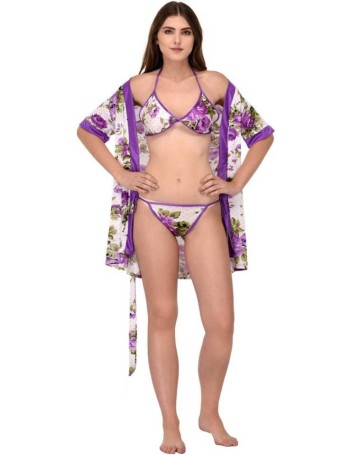 NEW BLUE EYES Women Purple Robe and Lingerie Set