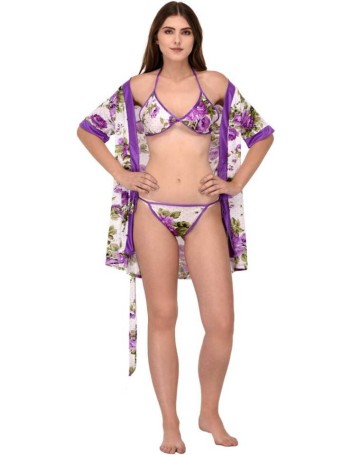 NEW BLUE EYES Women Purple Robe and Lingerie Set