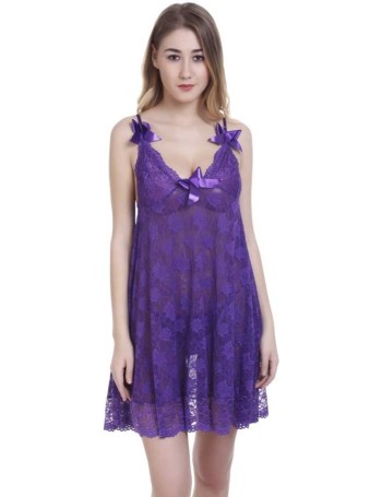 Purple Color Self Design Embroidered Babydoll Dress