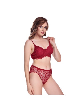 New Blue Eyes Women's Lace Push Up Underwired Solid Lingerie Set ((Maroon)